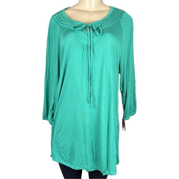 Merona Vintage XXL Green Tie Keyhole Textured Neckline Rayon 3/4 Sleeve Top - Picture 2 of 6